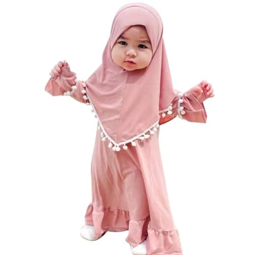 Newborn Infant Baby Girl Prayer Dress, Muslim Clothes for Toddler Kids Long Sleeve Abaya with Hijab Two Piece Maxi Islamic Dress Set Kaftan Middle East Arabian Dubai Robe Ramadan Eid Dusty Pink 6-12M