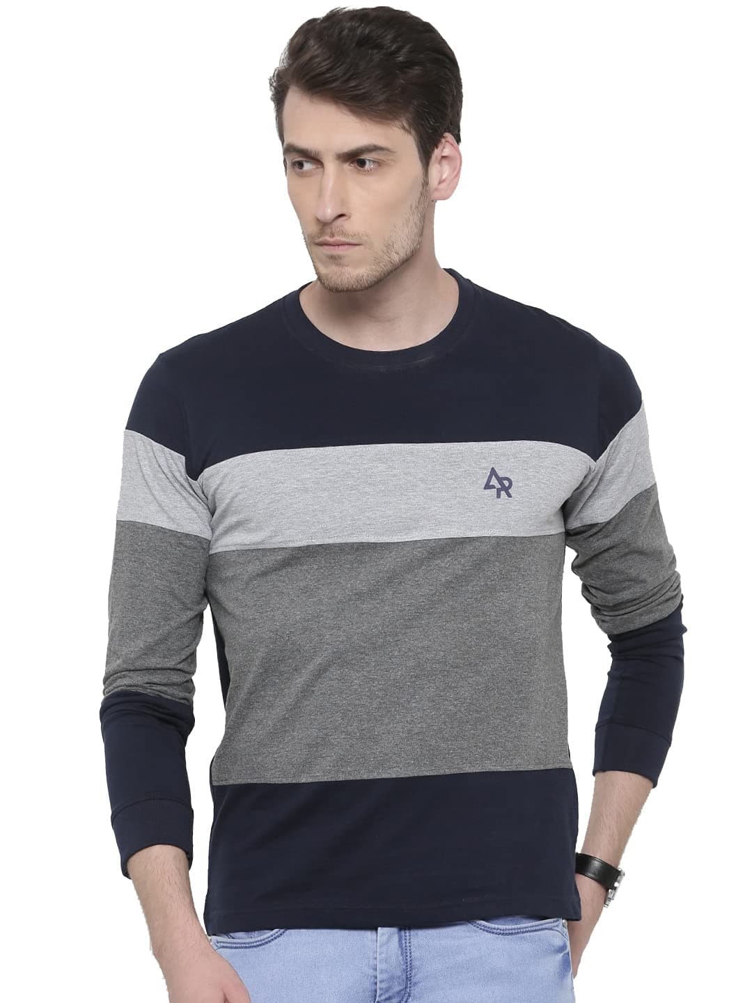 ADRO Men's Stylish Cotton Full Sleeve T-Shirt (FR3-M-4ST-NB_Navy_L)