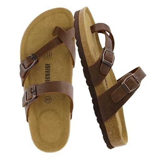 CUSHIONAIRE Luna Crossover Toe Strap Womens Sandals – Cork Footbed Slides with Adjustable Straps, Summer Sandals for Women 2025, BROWN 10