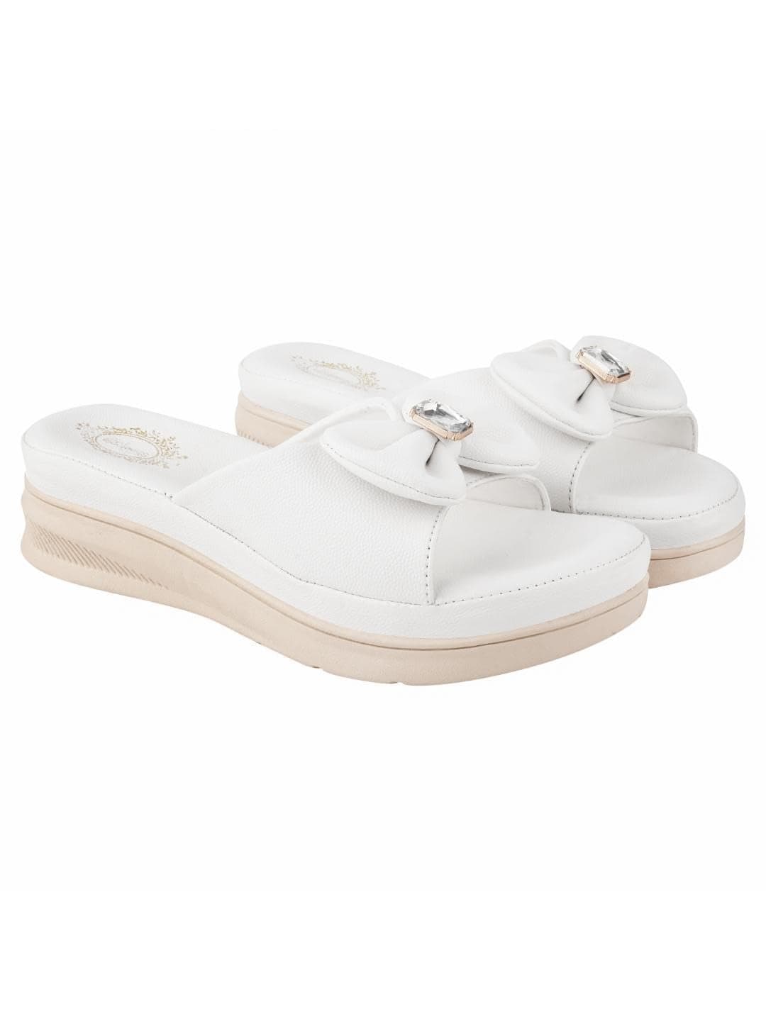 Shoetopia Women's Slip-On White Wedge Sandals | Comfortable Daily Slippers with Bow & Stone Detail | Lightweight Casual Fashion Footwear EU40