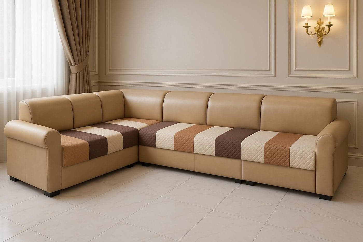 KINGLY Tariff Brown Stripes Quilted Velvet L-Shape Sofa Cover - L-Shape 6-Seater (3+3) - Warm Earthy Tone - Premium Touch - Washable Quick-Dry - Seat-Only Protector - Couch Cover - Non-Fading Color