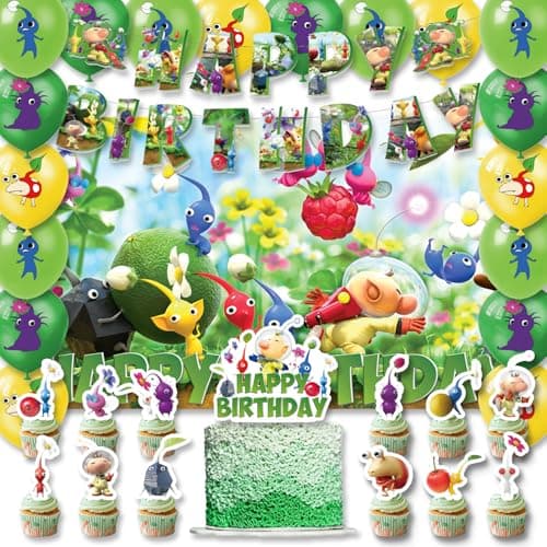 42Pack Pikmin Party Supplies Pack IncludesBannerCake TopperBlackdropBalloons for Pikmin Birthday party Decoration