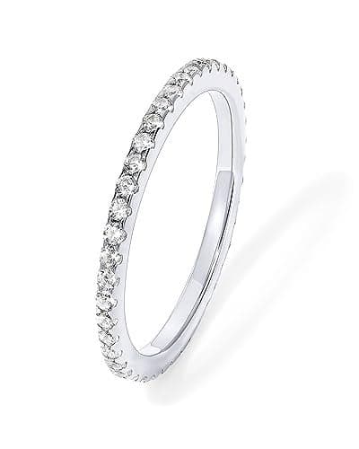 PAVOI Rhodium Plated 925 Sterling Silver Stackable CZ Ring for Women | Thin Band for Stacking | Simulated Diamond Eternity Wedding Band | Size 8
