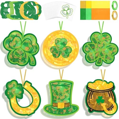 Aneco 24 Sets St Patricks Day Suncatchers Paper Craft Kit Shamrock Tissue Sign Craft Four Leaf Clover Hanging Decorations Window Art Ornaments Decor for Party Holiday Home Activities