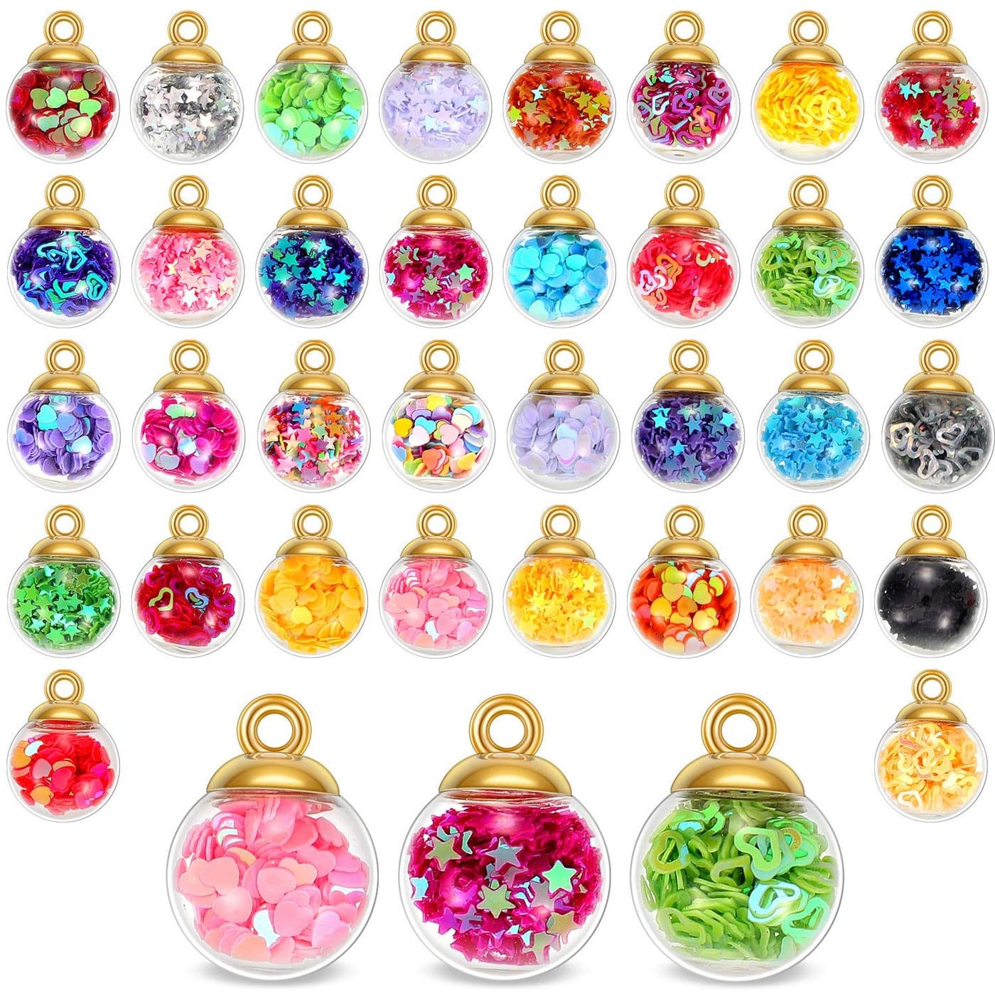 16 mm Colorful Glass Ball Charms Crystal Glass Ball Pendants Jewelry Making Supplies with Shining Stars Heartshaped Sequins and Peach Heart Sequins for DIY Necklace Bracelet Crafts 68 Pieces