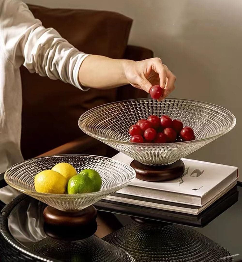 Glass Fruit Bowl Large Fruit Holder with Wood Pedestal Morden Glass Bowl Fruit and Bread Basket Stand for Kitchen Counter Table Decor