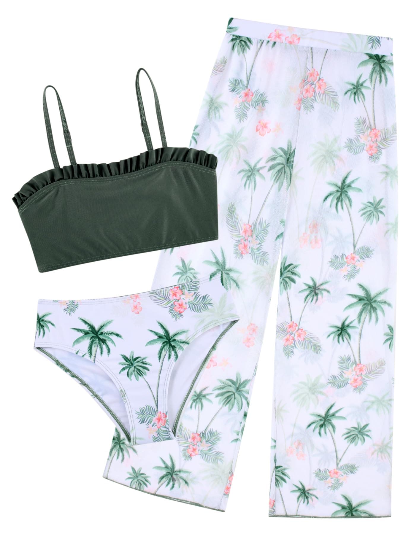 Girls Swimsuits Size 12 14 Teens Summer 3pcs Bikini Bathing Suits 13 14 Year Junior Cute Olive Green Hawaiian Tankini Swim Suits with Mesh Cover ups Long Pant Teen Quick Dry Swimming Wear for Holiday