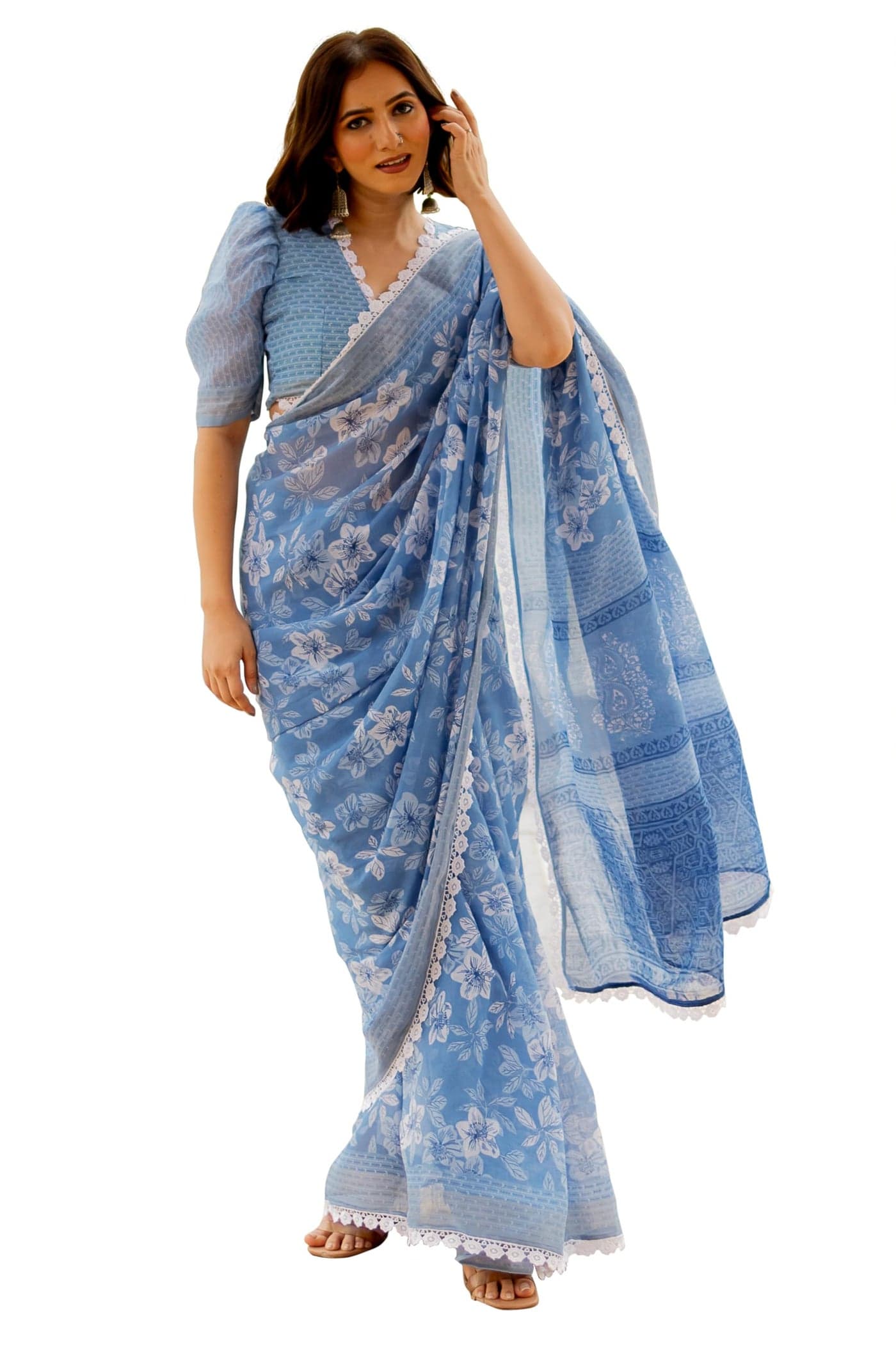 MIRCHI FASHION Women Pocket Ready to Wear Cotton Blend Floral Printed Readymade 1 Min Pre Draped Saree with Blouse Piece (44283 - Dusty Blue, White)
