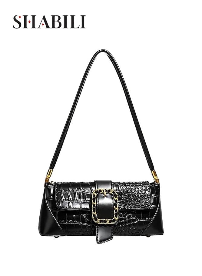 Women's Elegant PU Small Bag Handbag, Ladies Shoulder Bag with Tote Bags Look and Croc Embossed Texture, Satchel Bag with Metal Chain Buckle and Top Handle for Work Dating Shopping Travel (Black)