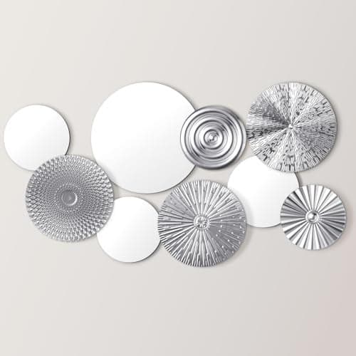 Blulu 9 Pcs Silver Mirror Wall Decor Metal Round Home Art Decor Decorative Modern Circle Mirror Wall Art Sculpture Hanging Decorations for Home Living Room Office