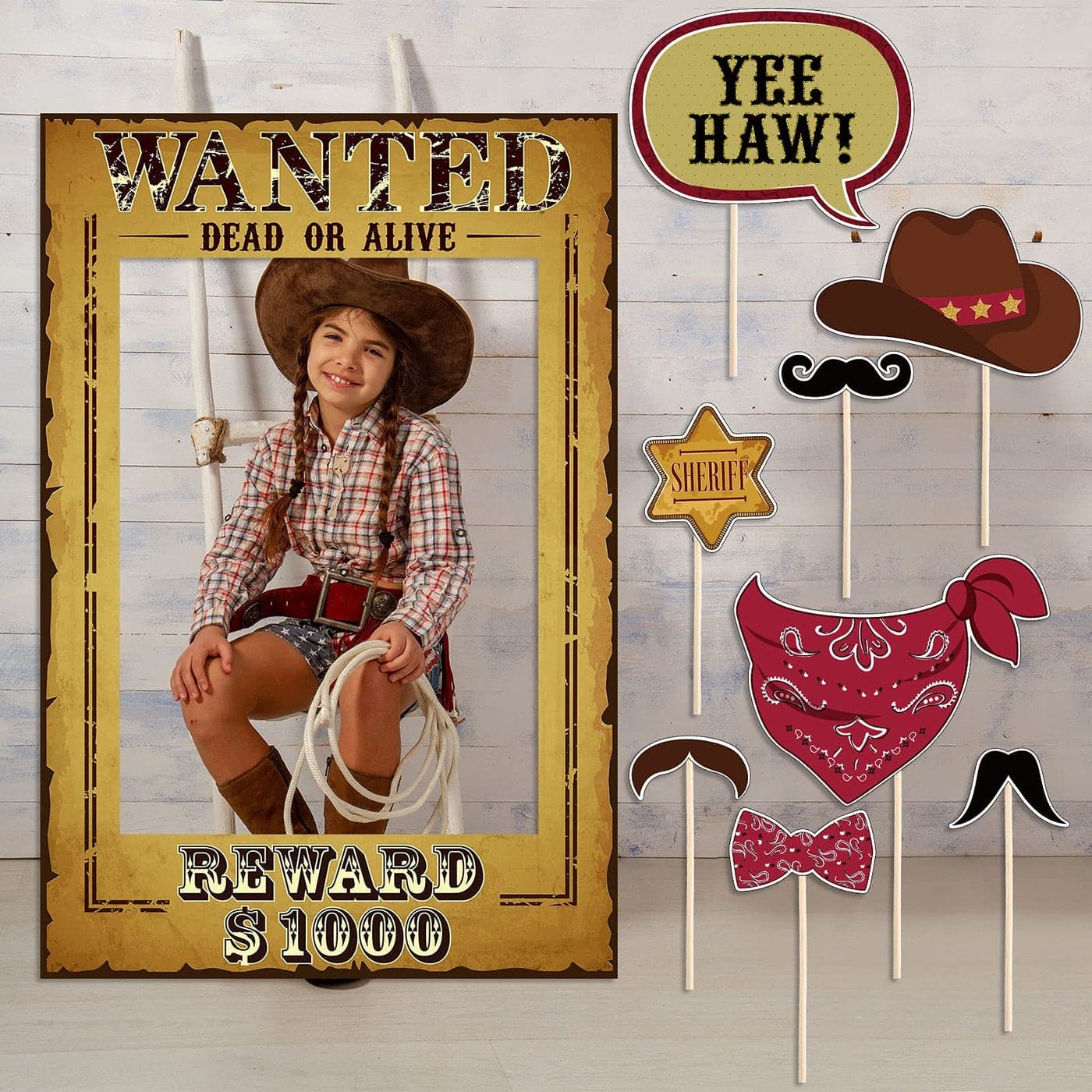 Blulu 9 Pieces West Wanted Photo Booth Prop Kit Cowboy Party Decoration Cowboy Theme Photo Prop Set Wild Western Selfie Booth Poster for Cowgirl Rustic Party Supplies 2362 x 1574 Inch