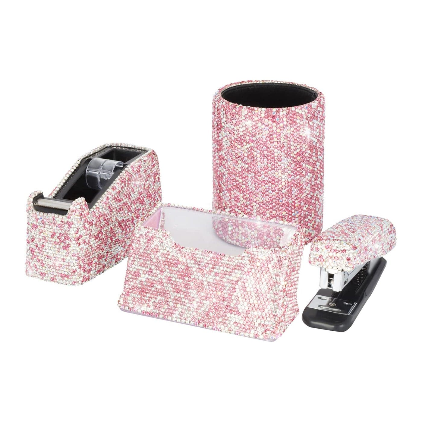 Bling Crystal Luxury Handmade Diamond Round Pencil Pen Pot Holder Stapler Card Holder Desktop Tape Dispenser Office Stationery Kit for Fashion Girls WomenPink