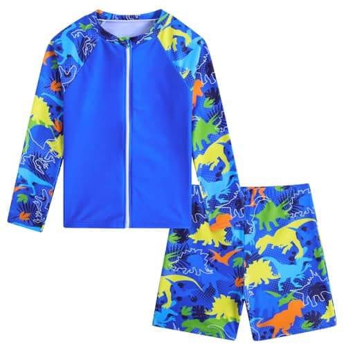 SunFocus Boys' Swimsuit Trunk Kids Long Sleeve 2 Pieces Full Zip Bathing Suit Little Boy Rashguard Set Beach Swimwear Swimming Suit Blue Dinosaur, 5T 6T
