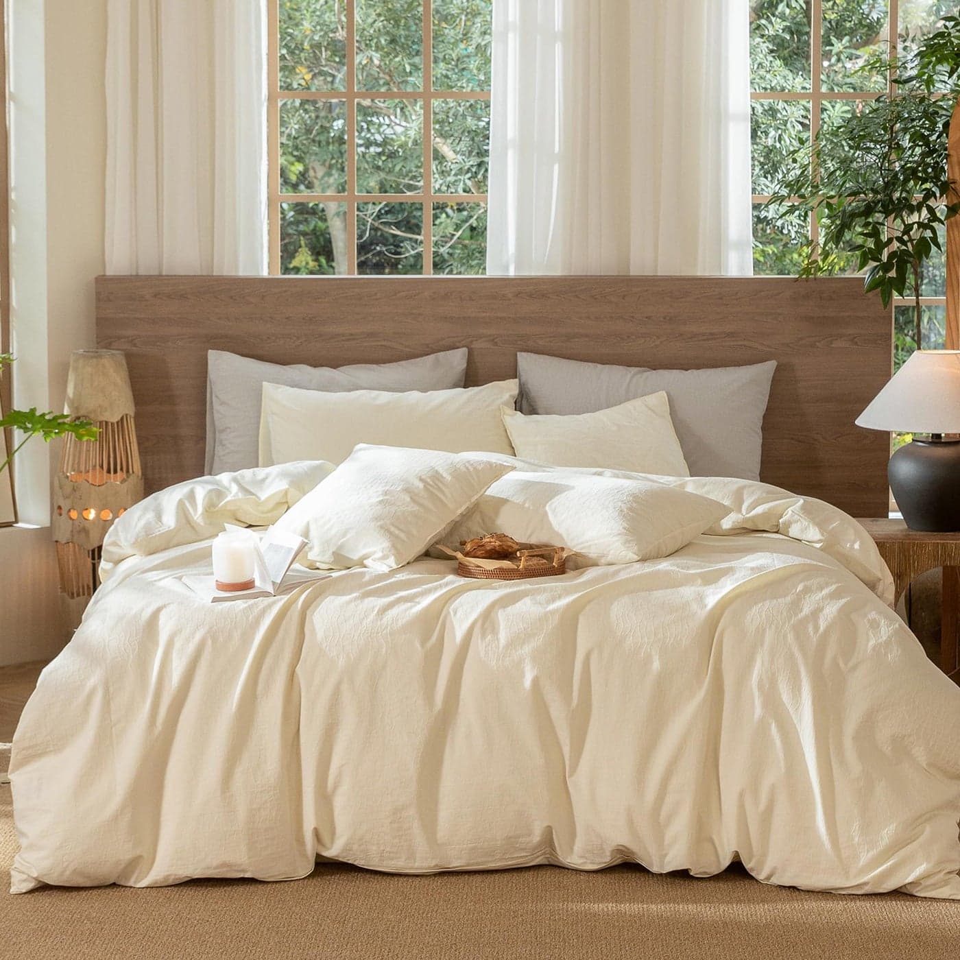 MooMee Wavy Striped Duvet Cover Set 100 Washed Cotton Linen Like Textured Breathable Durable Soft Comfy Cream White King 104x90