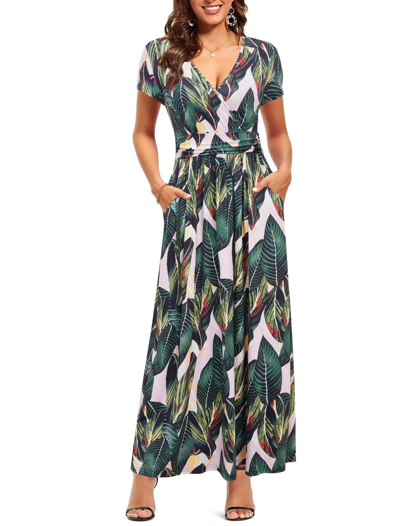 OUGES Women's V-Neck Pattern Pocket Maxi Long Dress(Floral-29,M)