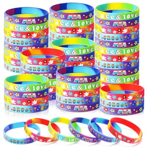 Suilung 24 Pcs 60s Hippy Retro Groovy Silicone Bracelets Wristbands Party Decoration Peace Love 60s Hippy Favor for 60s Hippie Groovy Party Supplies