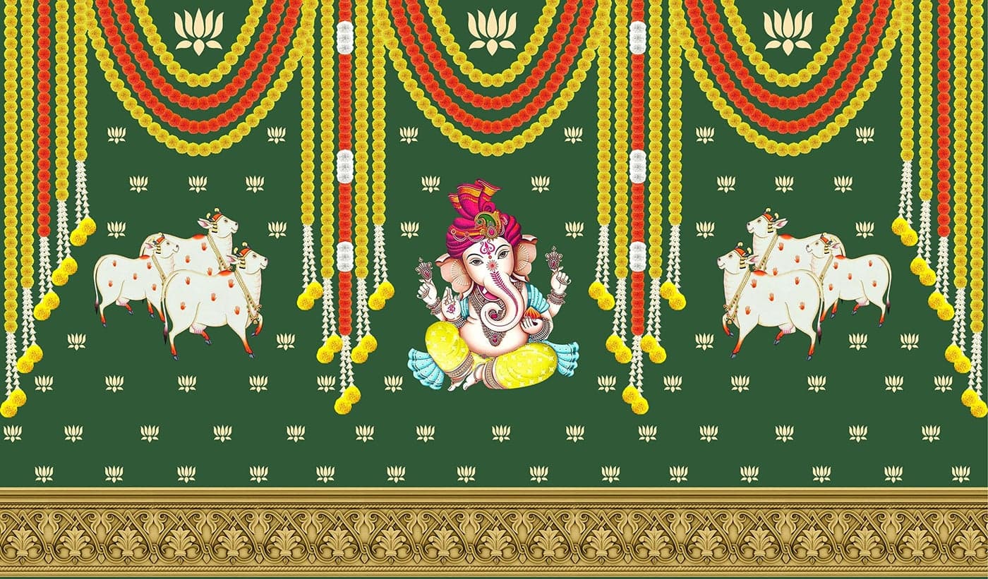 Marigold and Lotus Flower with Cows and Ganesh ji Design Backdrop Cloth for Pooja Decoration Traditional Background Curtain Cloth for Festival Size 5 Feet Height and 8 Feet Width (5 * 8)