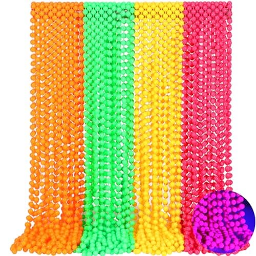 Ecally 24 Pieces Mardi Gras Beads Necklaces 33 Glow in The Dark UV Neon Bead Necklaces Glow Party Supplies 80s UV Black Light Neon Accessories Bulk for Birthday Decorations Wedding Party