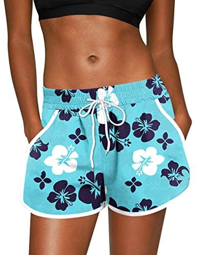 Womens Printed Elastic Waistband Beach Shorts Drawstring Sports Summer Causal Boardshort Navy Floral M