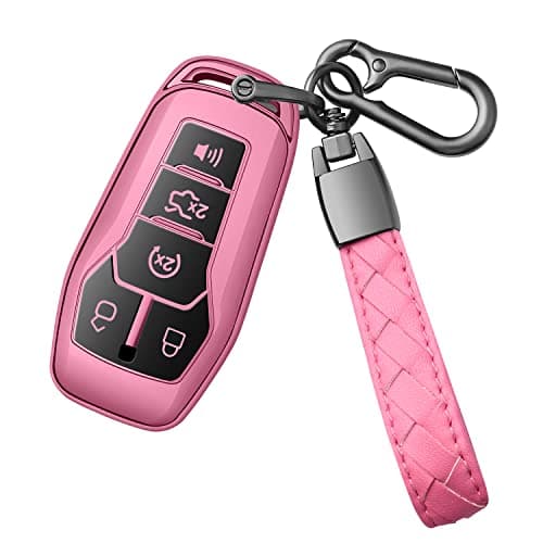 Sindeda Ford Key Fob Cover with Keychain - Premium Soft TPU Case for 2013-2016 Fusion, 2015-2017 Mustang, F-150, Explorer (Pink)