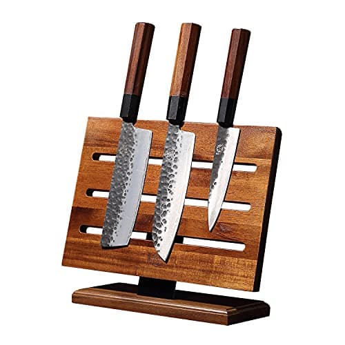 MITSUMOTO SAKARI Japanese Magnetic Knife Block, Japanese Acacia Wood Knives Holder Stand, Enhanced Double-Sided Magnetic Wooden Knife Storage for Kitchen Counter