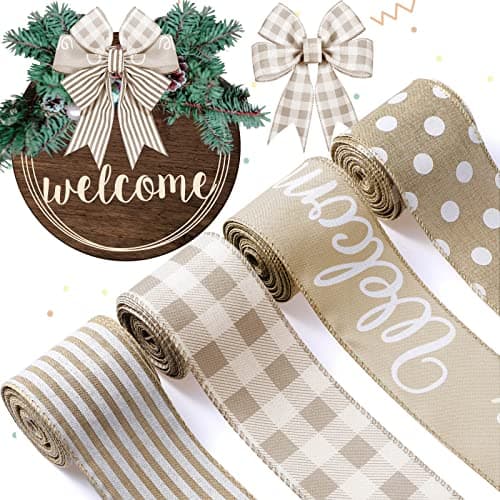 20 Yards Farmhouse Ribbon 4 Rolls Welcome Stripe Dot Buffalo Plaid Wired Ribbon Rustic Polyester for Summer Wreaths Assorted DIY Present Wrapping Floral Bow Craft DecoNatural
