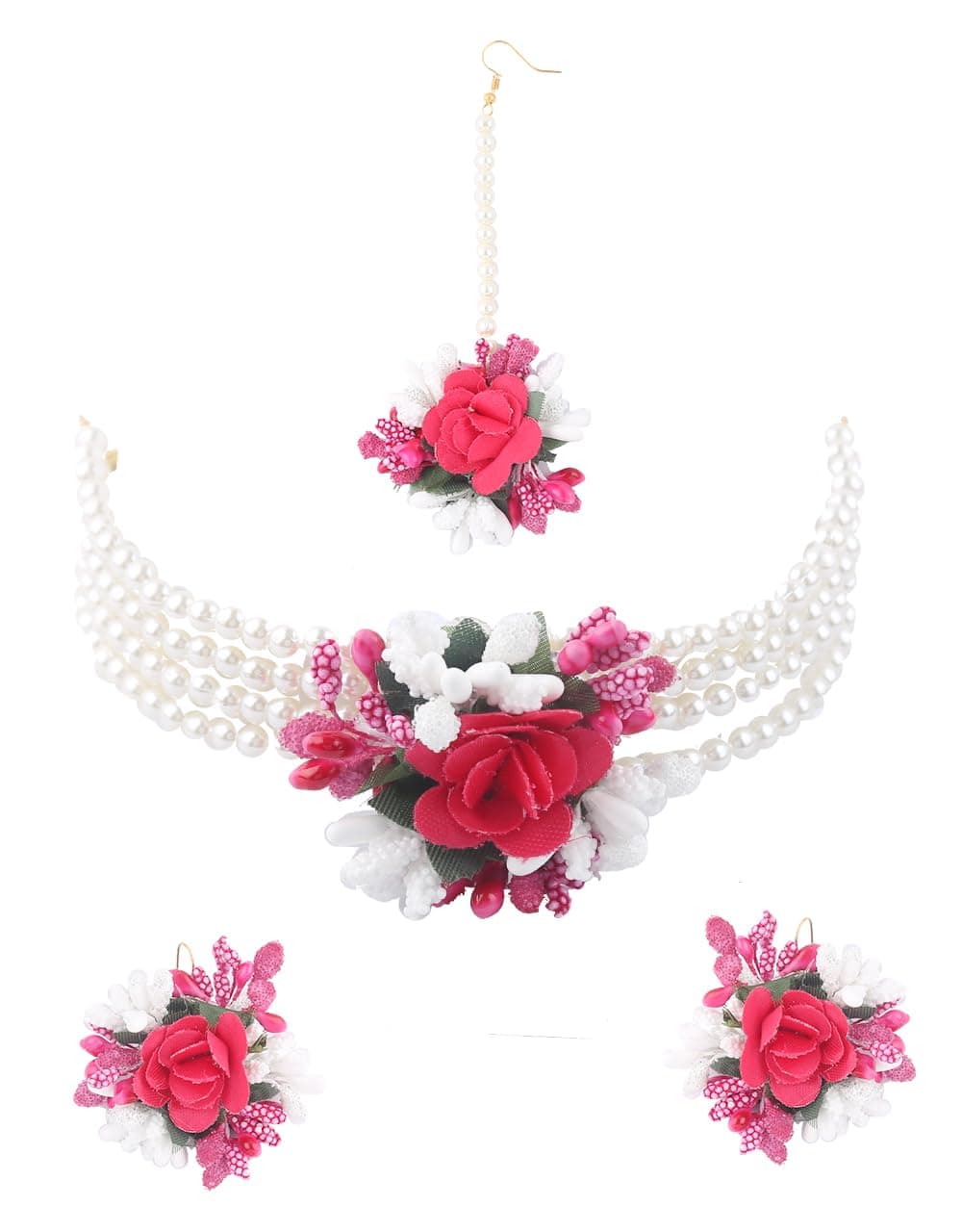 Anuradha Art Jewellery Fancy White and Pink Colour Choker Necklace Set, Pearls Beads Necklace Earrings with Maang Tikka, Baby Shower, Pre-Wedding, Mehndi, Haldi, Godbhari Jewellery Set for Women.