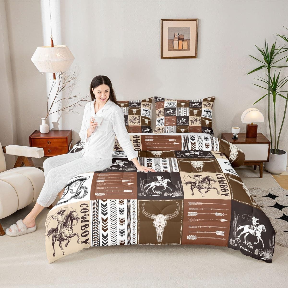 Manfei Western Cowboy Comforter Set Twin Size Bull Skull Horse Arrow Print Quilt Set with 1 Pillowcase Geometric Grid Brown Plaid Print Bedding Set 2pcs for Kids Boys Teens Bedroom Decor