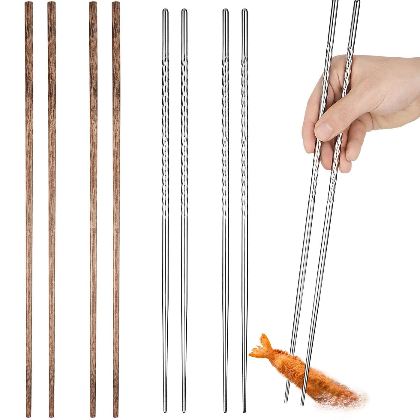 Patelai 4 Pairs Long Cooking Chopsticks 153 Inch 165 Inch Extra Long Stainless Steel Wooden Noodles Chopsticks for Kitchen Cooking Frying Hot Pot Non Slip ThreadedSilver Wood Color