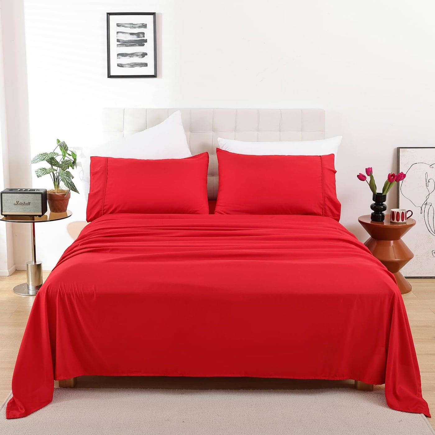 Whitney Home Textile Full Size Bed Sheets Soft Microfiber Hotel Bed Sheets Full Size Extra Deep Pocket Luxury Breathable Bedding Sheet Pillowcase Sets 4 Piece Wrinkle Free OekoTex Red