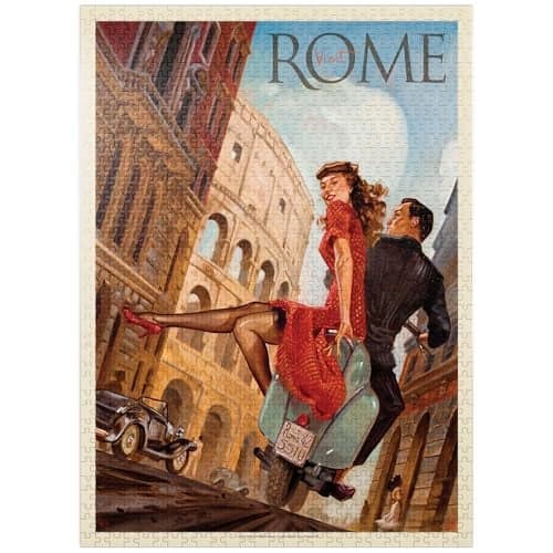 MyPuzzle Italy Rome By Vespa Vintage Poster Premium 1000 Piece Jigsaw Puzzle for Adults