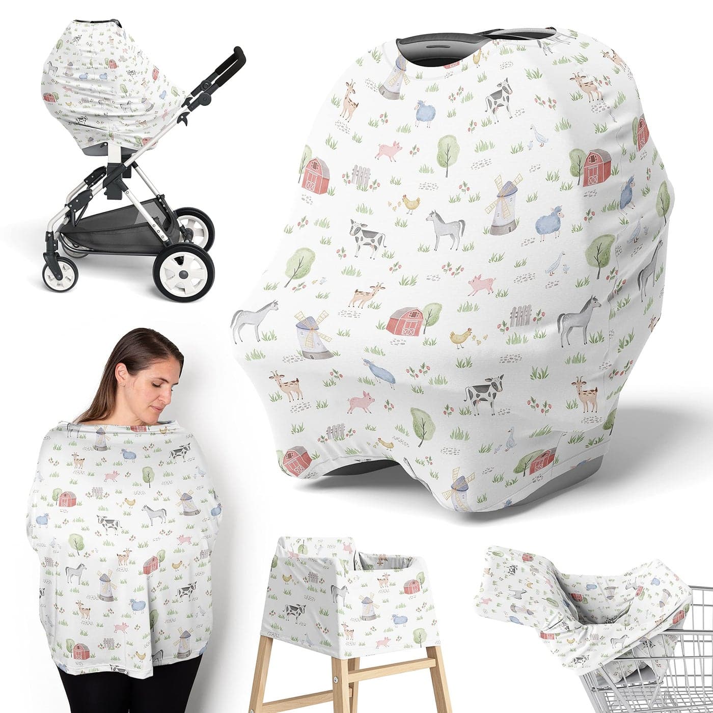 Sweet Jojo Designs Farm Animals Boy Girl Infant Baby Car Seat Cover Nursing Breastfeeding Shopping Cart Stroller Canopy Grey Red Black and White Gender Netural Watercolor Farmhouse Green Barn Horse