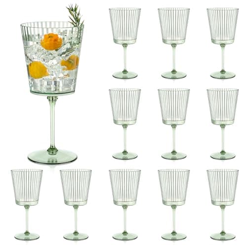 12 PCS Green Plastic Wine Glasses with Removable Stems 13.5 Oz Ribbed Wine Glasses Square White Wine Glass Muted Pastel Colors Goblets Elegant Fluted Glassware for Wedding Anniversary Birthday