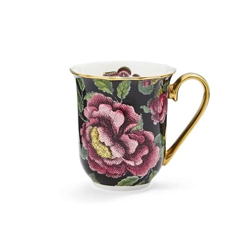 Spode Creatures of Curiosity 12oz Fine China Mug, Black Floral Pattern - Porcelain Tea & Coffee Cup with 22ct Gold Handle and Rim - Elegant Vintage Inspired Drinkware, Boxed for Gifting