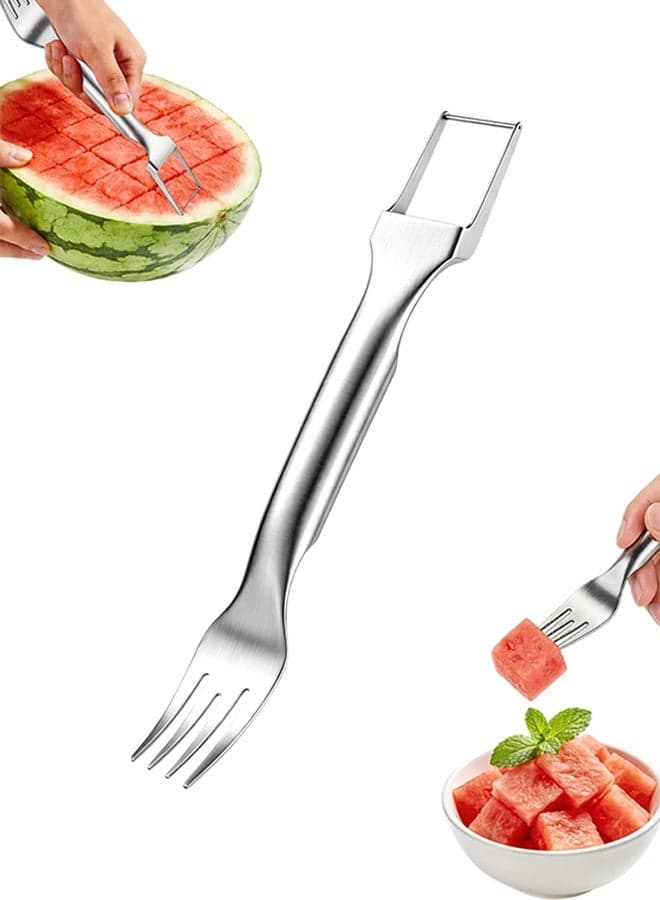 1 Pc 2-in-1 Stainless Steel Watermelon Fork Slicer, Dual-Purpose Fruit Cutter & Fork, Summer Kitchen Gadget for BBQ Parties, Camping & RV Adventures