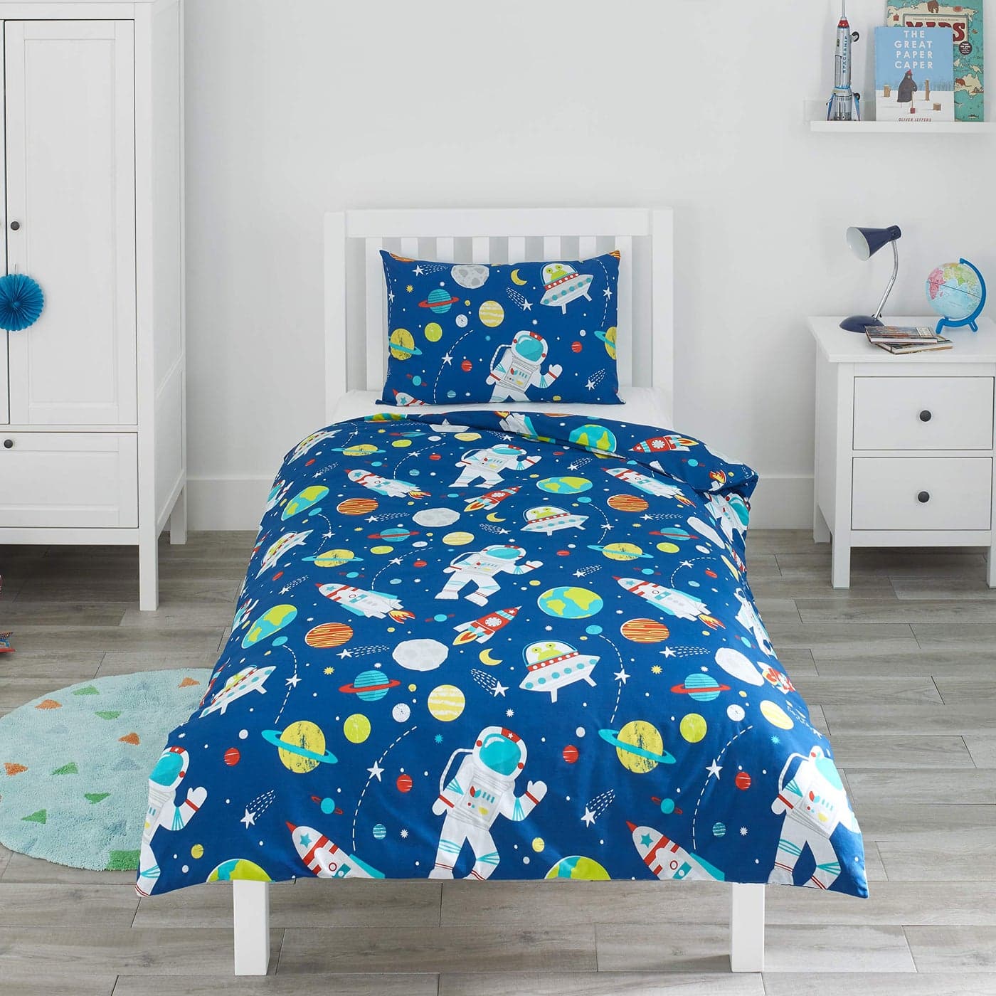 Bloomsbury Mill Cot Bed Duvet Cover Set Toddler Bedding Set For Boys Girls Outer Space Rockets and Planets Kids Bedding Blue Cot Duvet Cover Pillow Case Set 120x150cm