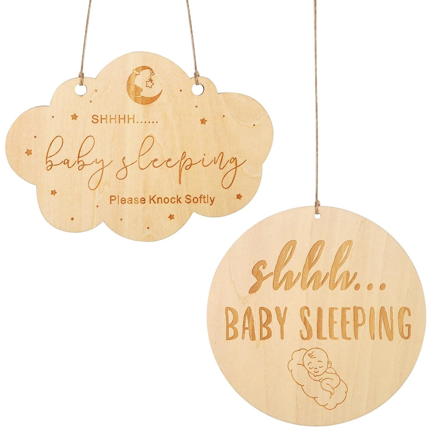2pcs Baby Sleeping Sign Different Shape Baby Sleeping Door Sign with Hemp Rope Wooden Do Not Ring Doorbell Sign Baby Sleeping Hanging Sign for Front Door Nursery Bedroom Baby Room