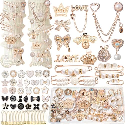 72Pcs Junk Socks Charms Kit Gold Brooches and Pins for WomenPearl and Rhinestone Sock Charms with Safety Pins DIY Accessories for Decorating and Personalizing Socks Clothes Hats Shoes Scarf Shawl