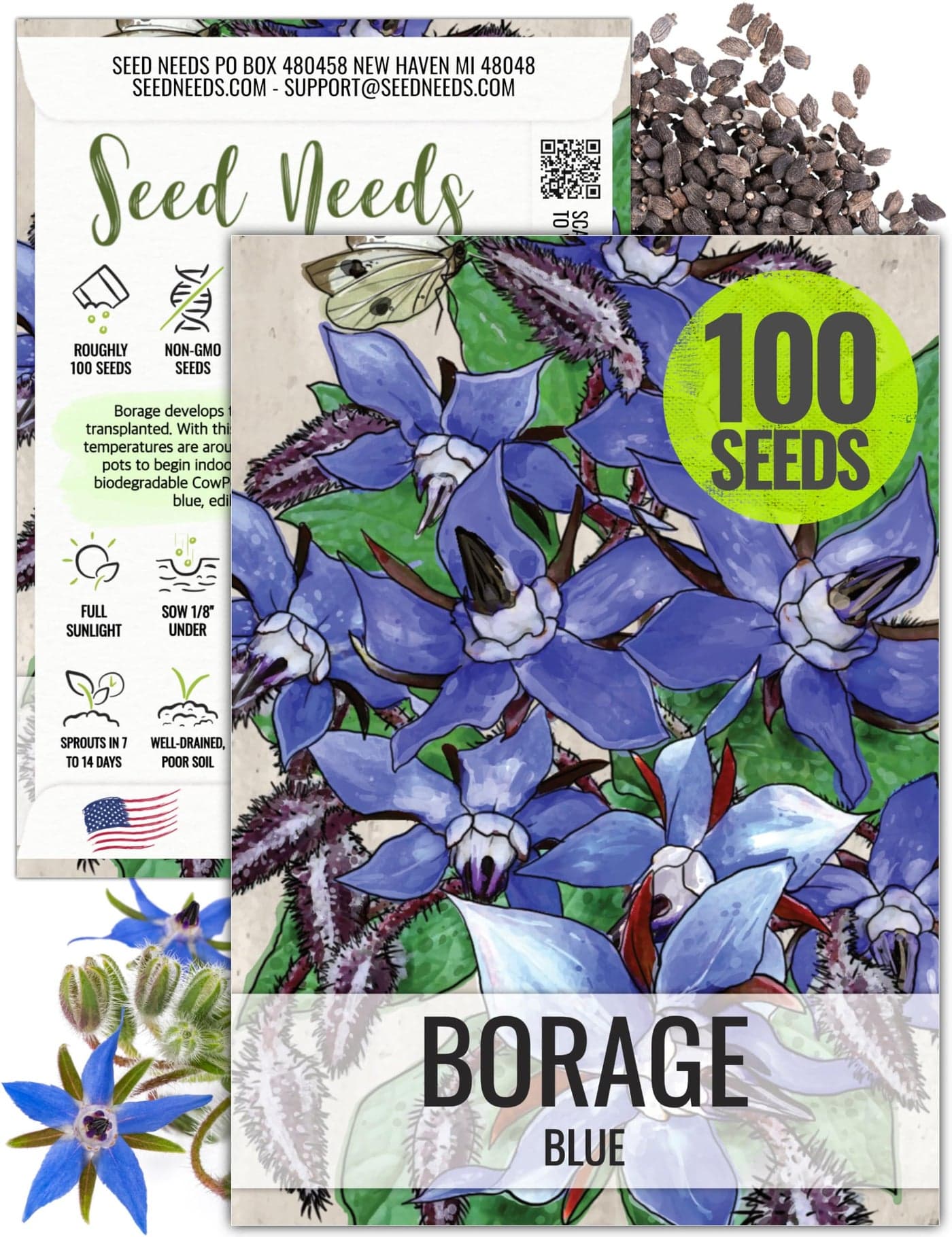 Seed Needs Borage Seeds for Planting Blue Star Flowers - Heirloom Non-GMO & Untreated - Plant a Home Grown Flowering Herb Garden Attract Bees, Butterflies & Other Pollinators (1 Pack)