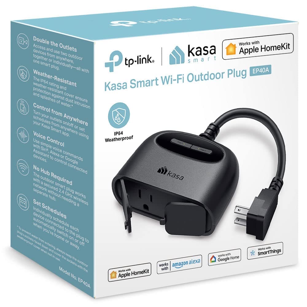 Kasa Apple HomeKit Outdoor Smart Plug 2 Sockets IP64 Weather Resistance for Outdoor String Lights Compatible with Siri Alexa Google Home Long WiFi Range 24G WiFi Only ETL Certified EP40A