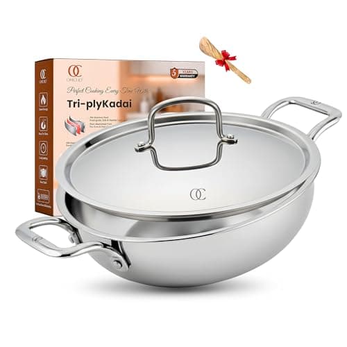 Omichef Triply Stainless Steel Kadai/Kadhai with Lid, 24 cm (3.1 Litre), Induction Bottom Tri-Ply Cookware, ISI Certified Food Grade Steel, Heavy Duty Cooking Pot, 5 Years Warranty