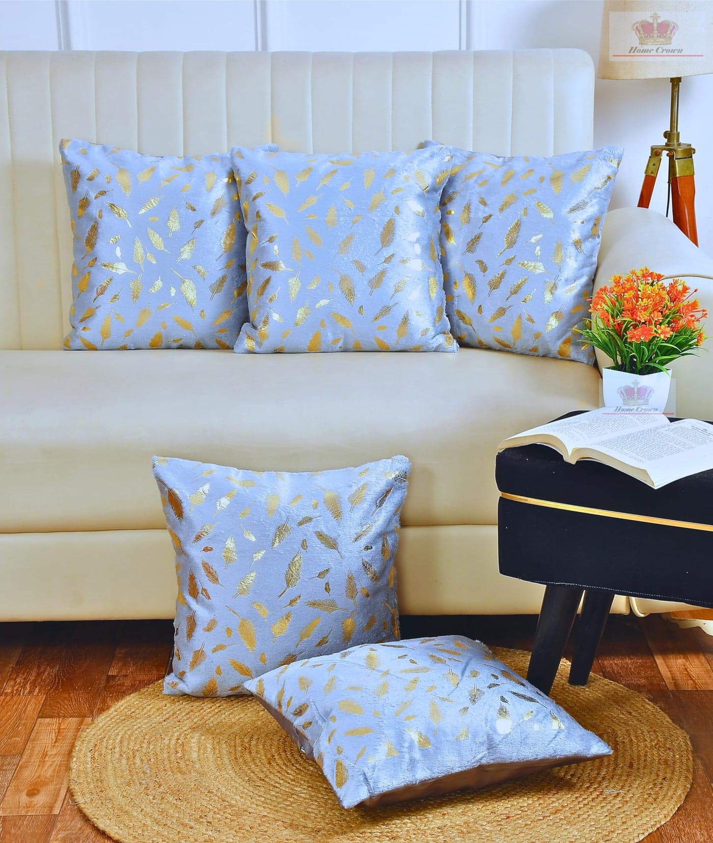HOMECROWN 16x16 Inch Velvet Cushion Covers Set of 5 Pcs, Soft Decorative Faux Fur Throw Pillow Covers with Golden Feather Print for Sofa, Couch, Bed, Living Room - Grey-250 TC