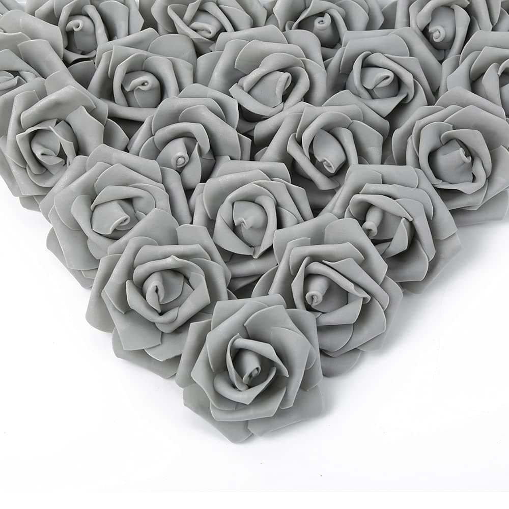 IPOPU Artificial Rose Flower Heads 100 Pcs Real Looking Silver Gray Foam Fake Roses for DIY Wedding Baby Shower Centerpieces Arrangements Party Tables Home Decorations Silver Gray Stemless