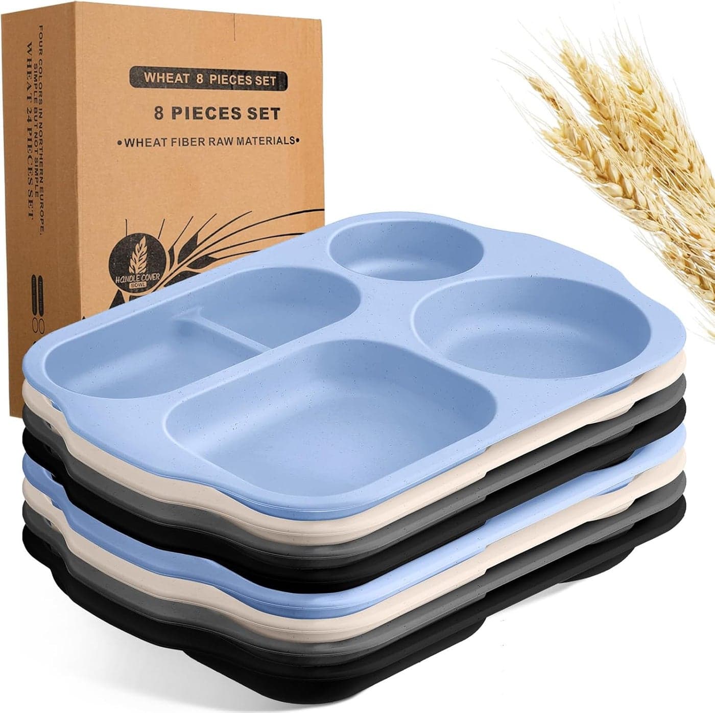Vesici 8 Pcs Large 12 Inch Unbreakable Divided Plates for Kids Adults Wheat Straw Tray Microwave Dishwasher Safe Reusable Plastic Compartment PlatesBlack Dark Gray Blue Beige
