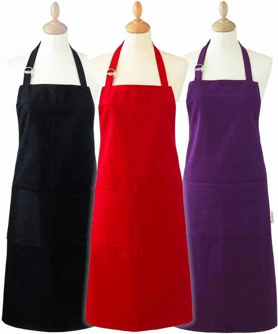 Airwill, 100% Cotton Oven Designer Solid Plain Aprons, Sized 65cm in Width & 80cm in Length with 1 Center Pocket, Adjustable Buckle on Top and 2 Long Ties on Both 2 Sides. Pack of 3 Pieces