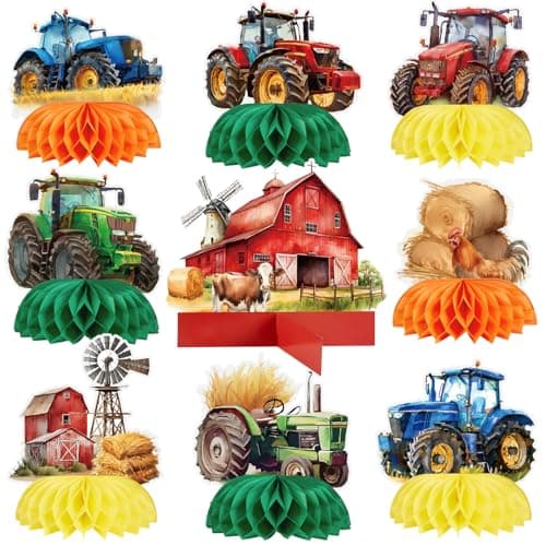 9PCS Tractor Party Decorations Tractor Honeycomb Table Centerpiece Tractor Birthday Table Toppers for Baby Shower Farmhouse Party Supplies