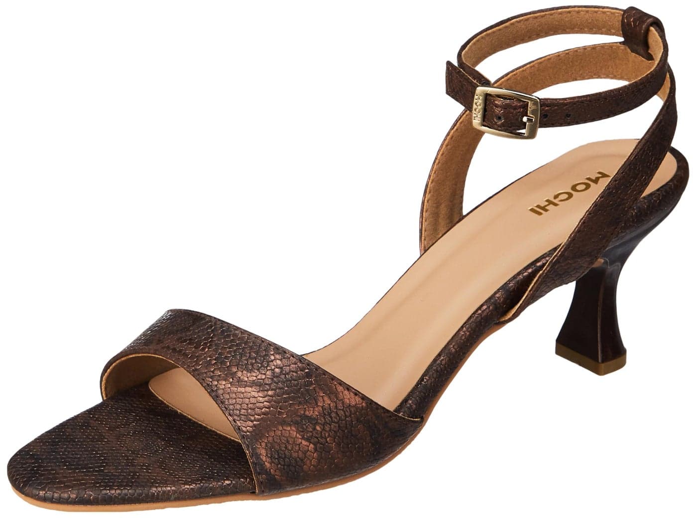 Mochi Women's Bronze Fashion Stiletto Heel Sandals | 3 Inch Heel Height | Premium Synthetic Ankle Strap Open Toe Buckle Closure Footwear | Lightweight Comfort | Party, Stylish, Elegant Wear | UK 4