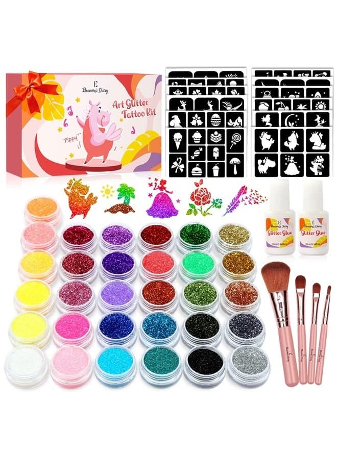 Temporary Glitter Tattoo Kids, Eleanore's Diary 31 Glitter Colors,165 Unique Stencils,2 Glue,4 Brushes,Adults & Kids Arts Glitter Make Up Kit, Gifts for Girls Boys Birthday Party Summer Beach Festival
