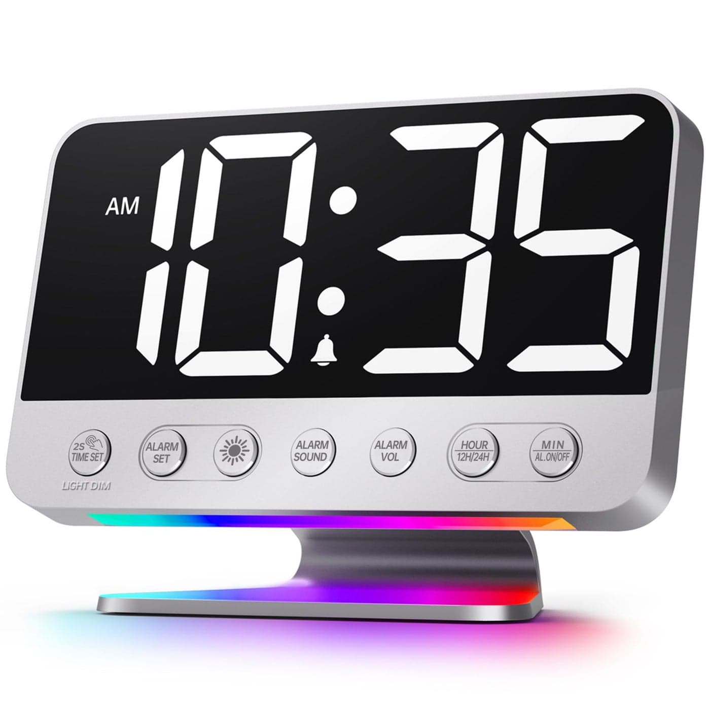 Odokee Digital Alarm Clocks for Bedrooms Large Bold Number 5 Brightness Dimmer Easy to Read Across The Room 5 Alarm Sound 8 Night Light Silver