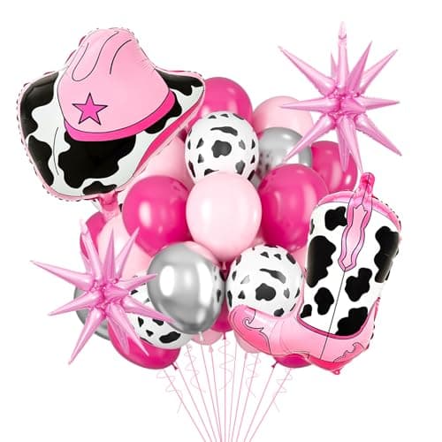 20Pcs Cowgirl Balloons Pink Cow Print Balloon and Star Balloons for Western Cowgirl Birthday Party Decorations Bachelorette Party Decorations